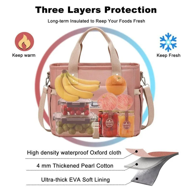 Portable cube-shaped picnic bag with removable shoulder strap and side pocket in Oxford cloth.
