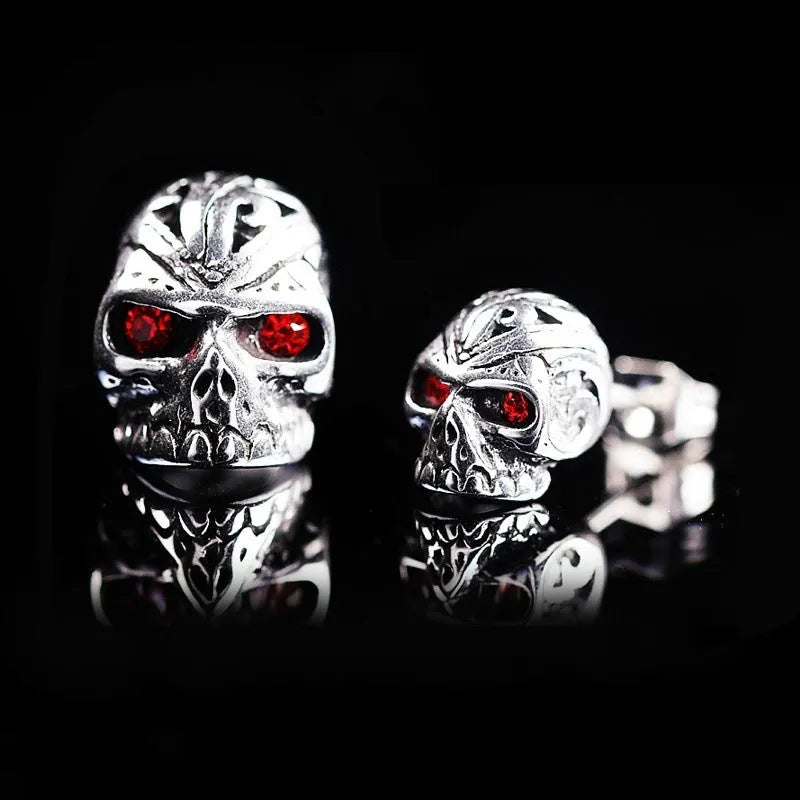 Retro red eye skull stud earrings with ghost head design and electroplated alloy finish