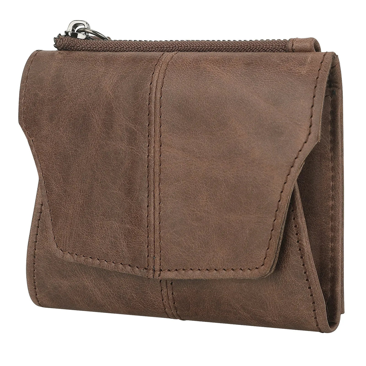 Genuine cowhide coin purse with stitching detail and anti-theft RFID protection