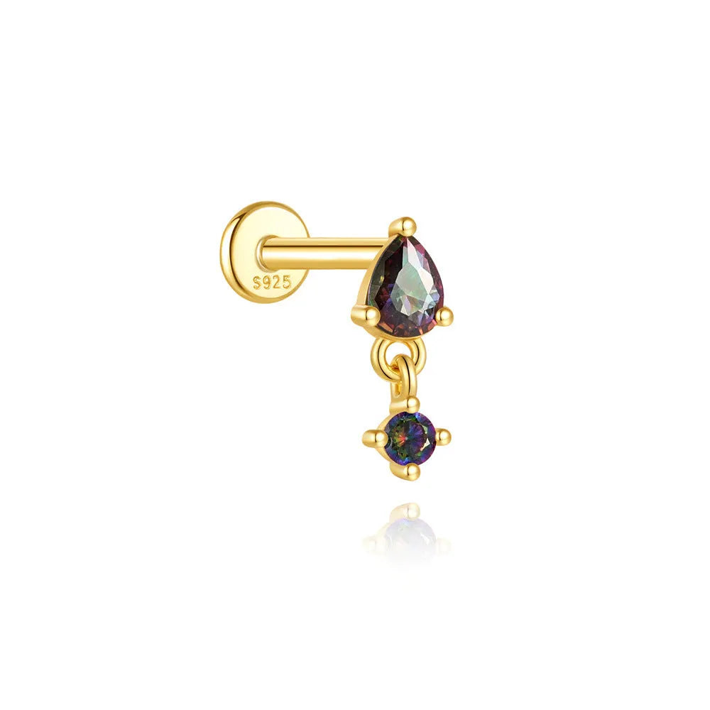 S925 sterling silver flat head thread ear stud with super shiny rainbow stone finish in a gold colour.
