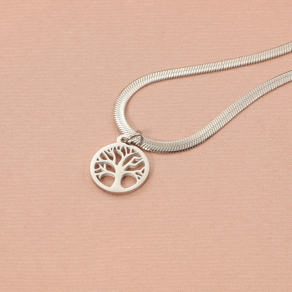 Stainless steel necklace with tree pendant on a snake bone chain in gold or steel colour.