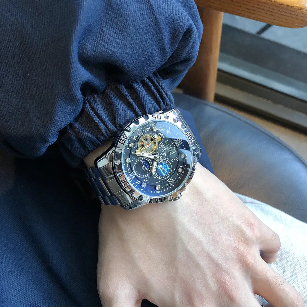 Men's silver case automatic mechanical watch with black starry dial and genuine leather strap