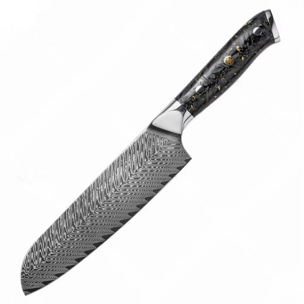 Damascus steel kitchen knife set showing eight different blade sizes with fishbone pattern detailing