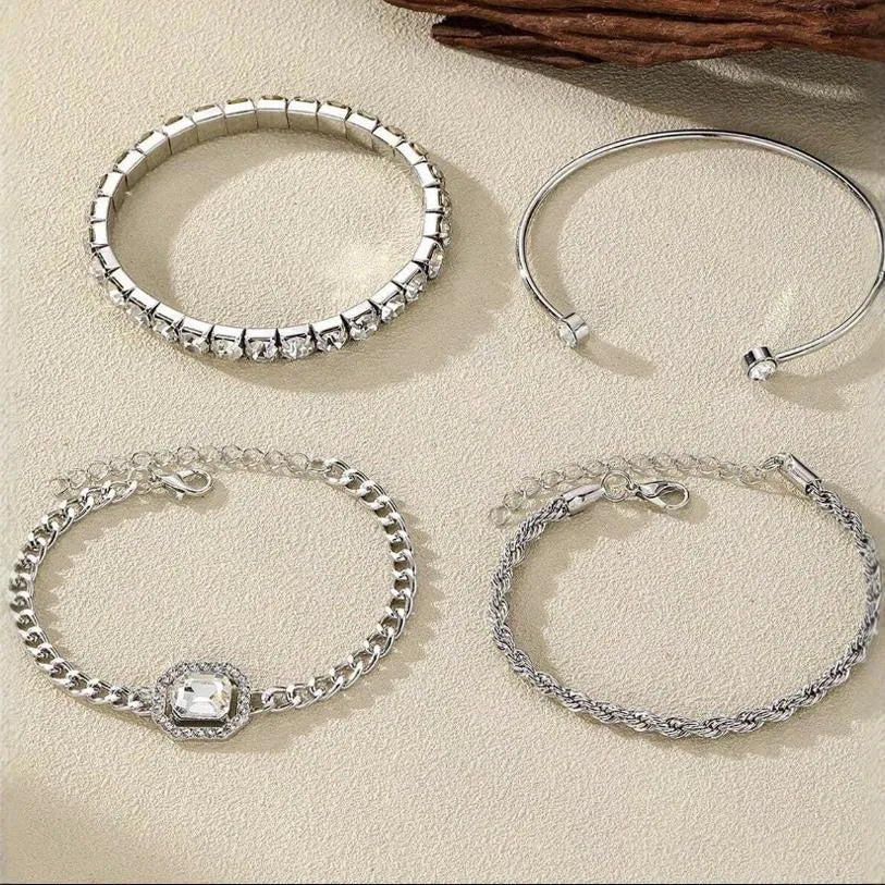 Retro geometric alloy jewellery four-piece set with square diamond design in gold and silver tone options