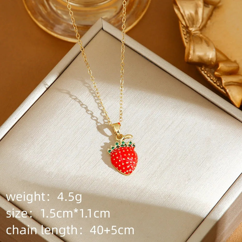 Titanium steel women's necklace with strawberry, cherry and pepper charm pendants on O-ring chain