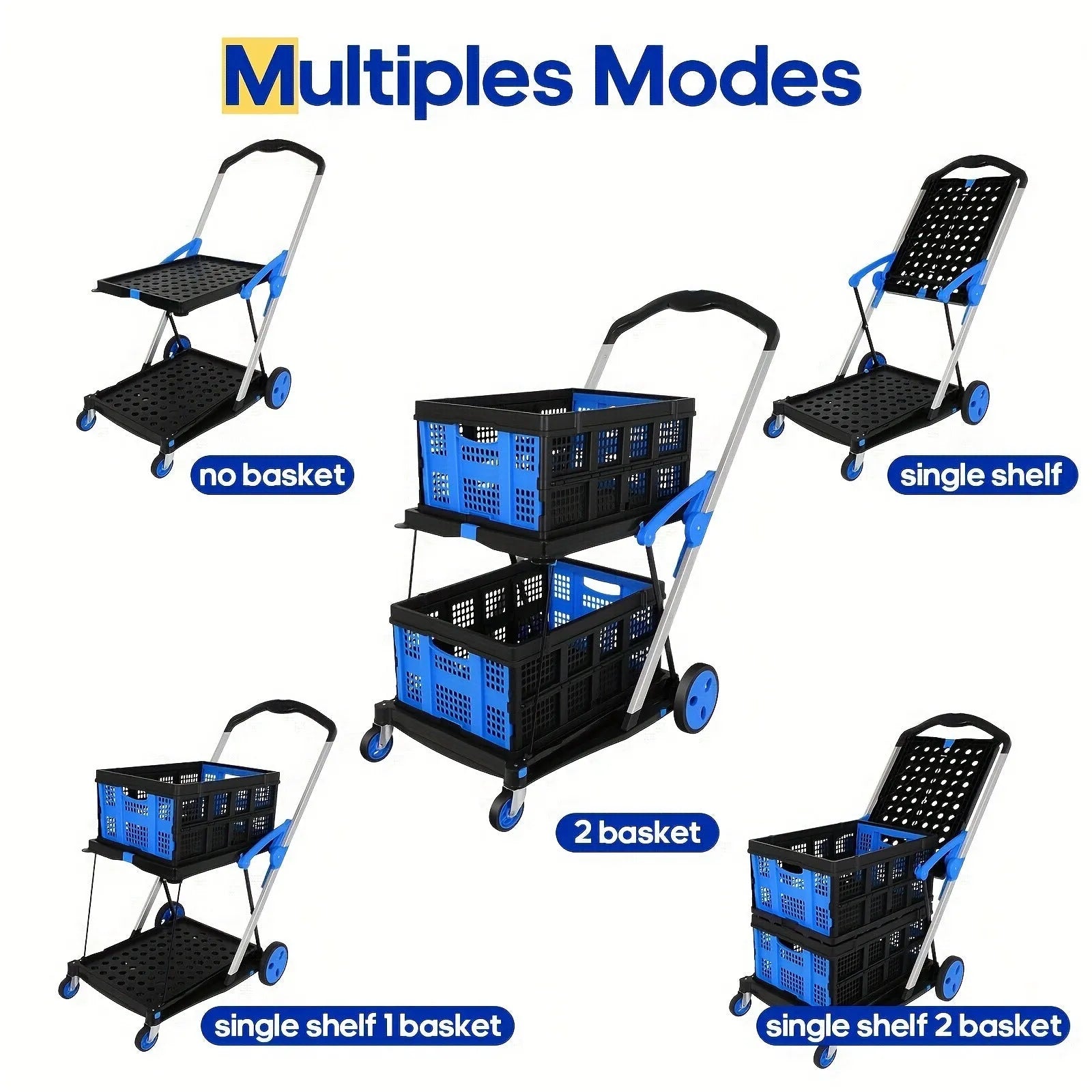 Foldable plastic shopping cart with two-basket design in blue colour variant