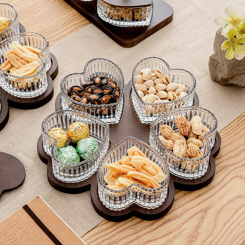 Retro glass serving platter with heart-shaped lids in 2, 3, 4, and 5 grid configurations for snacks.