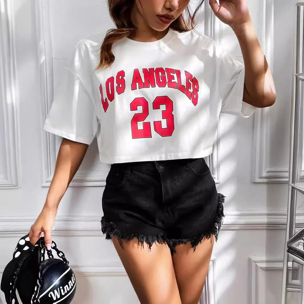 Loose fit cotton t-shirt with personalised English letter printing in exposed navel style