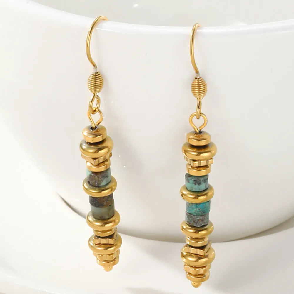 Titanium steel geometric dangle earrings with 18K gold plating in retro design
