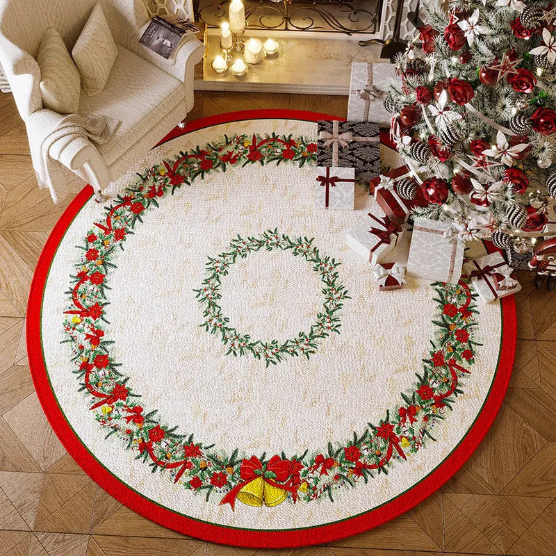 Round red Christmas carpet with festive patterns and non-slip backing for living room floor decoration