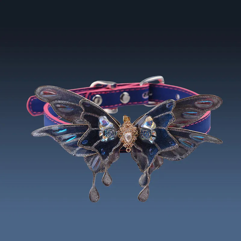 Purple butterfly collar necklace with temperature-change colour and rhinestone decoration on alloy chain
