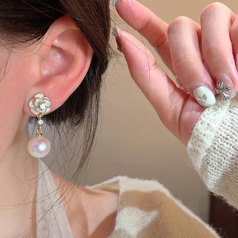 Camellia flower stud earrings for women with pearl-effect finish and alloy construction
