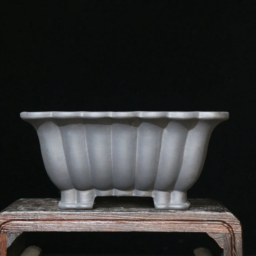 Square purple sand ceramic bonsai pot for desktop use, showing classical style.