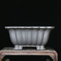 Square purple sand ceramic bonsai pot for desktop use, showing classical style.
