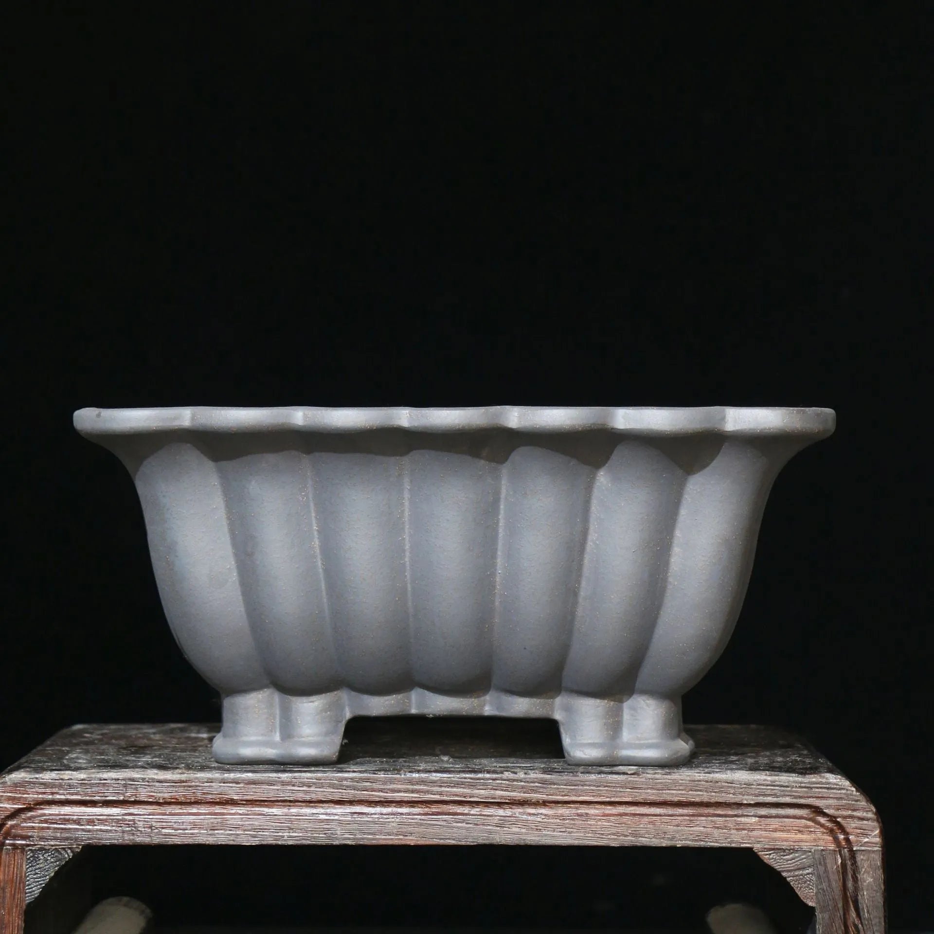 Square purple sand ceramic bonsai pot for desktop use, showing classical style.
