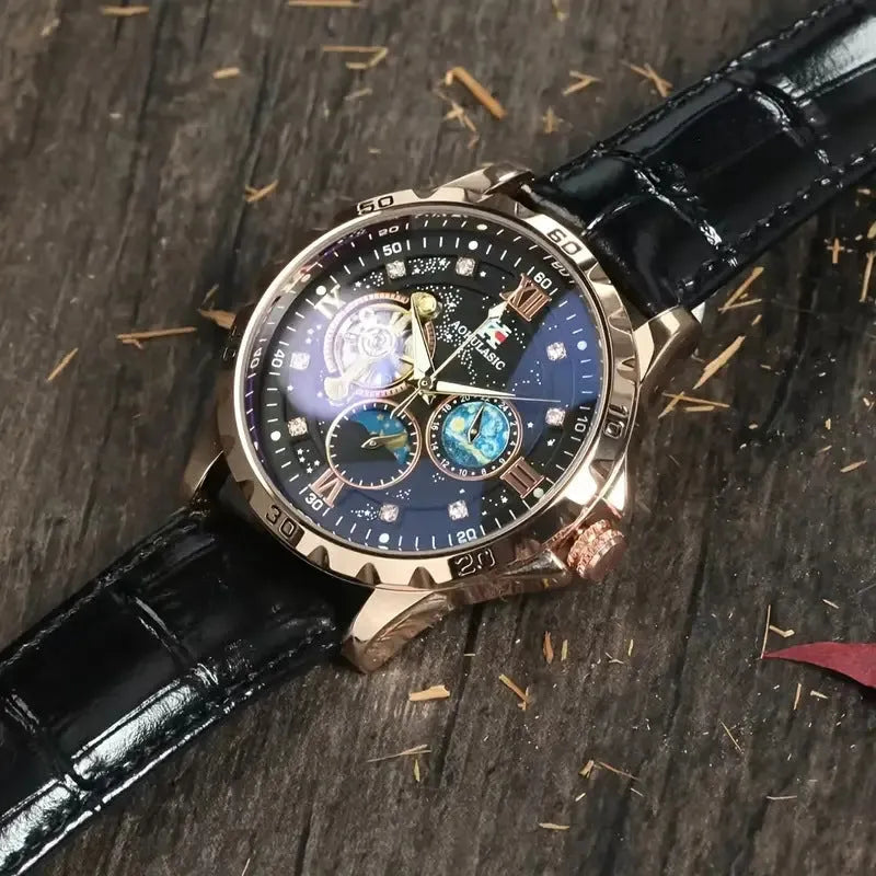 Black and rose gold automatic mechanical watch with hollow dial showing movement
