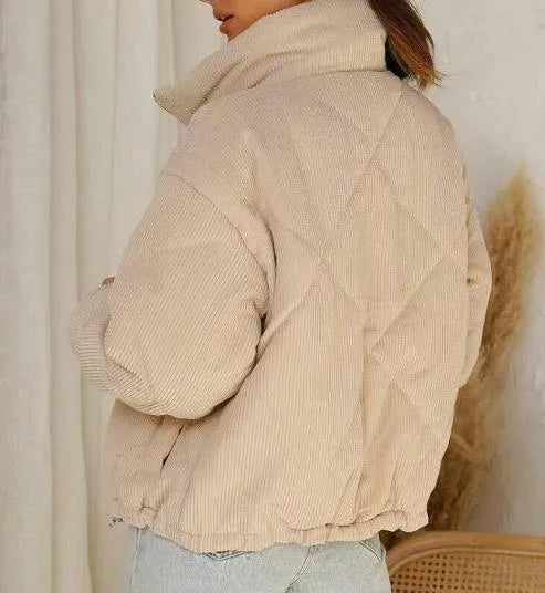 Women's apricot corduroy wadded jacket with stand collar and front zip closure