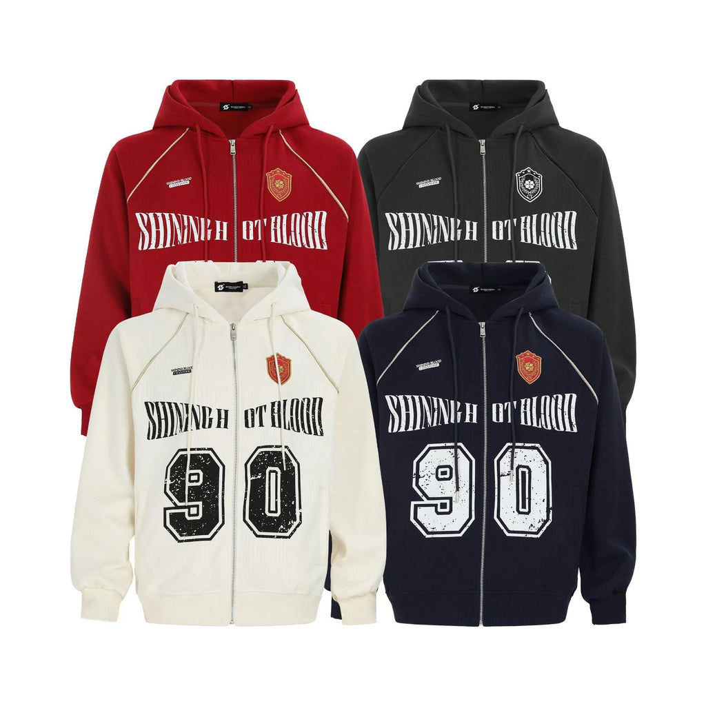Women's loose red hooded jacket with retro embroidered letter design on front.