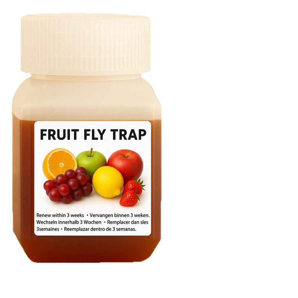Bottle of fruit fly trapper bait liquid with specification options for trap systems.