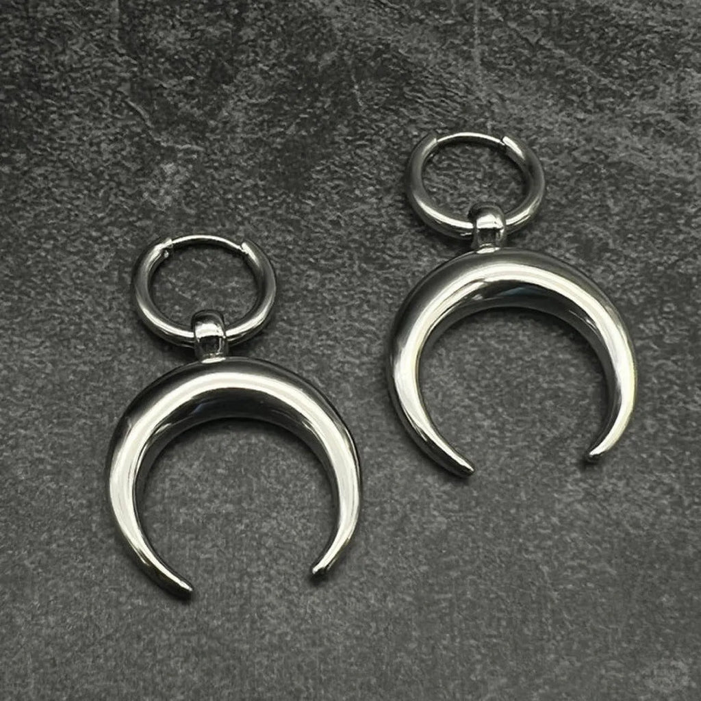Silver geometric hoop earrings with moon design showing Gothic vintage style