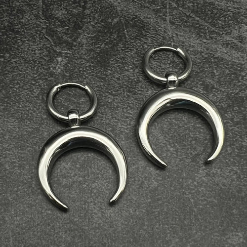 Silver geometric hoop earrings with moon design showing Gothic vintage style