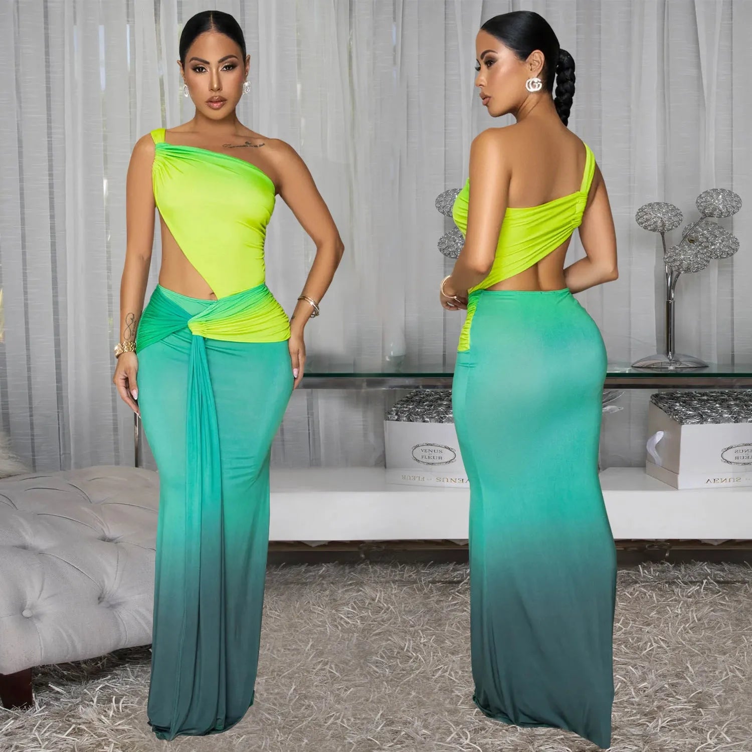 Oblique shoulder women's summer dress in a gradient colour with a high waist and long maxi skirt.