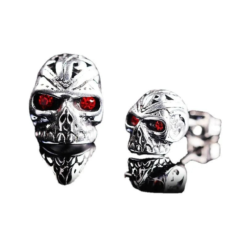 Retro red eye skull stud earrings with ghost head design and electroplated alloy finish