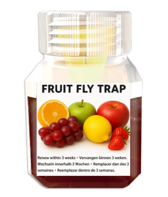 Bottle of fruit fly trapper bait liquid with specification options for trap systems.