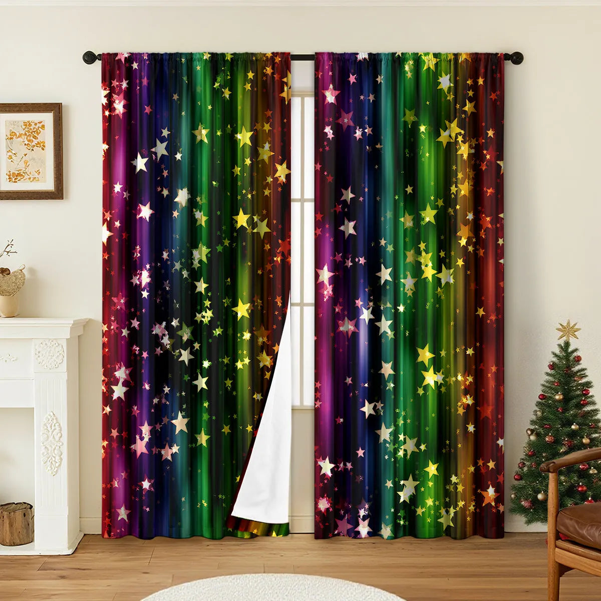 Pair of 3D digitally printed Christmas pattern blackout curtains hanging on a window.