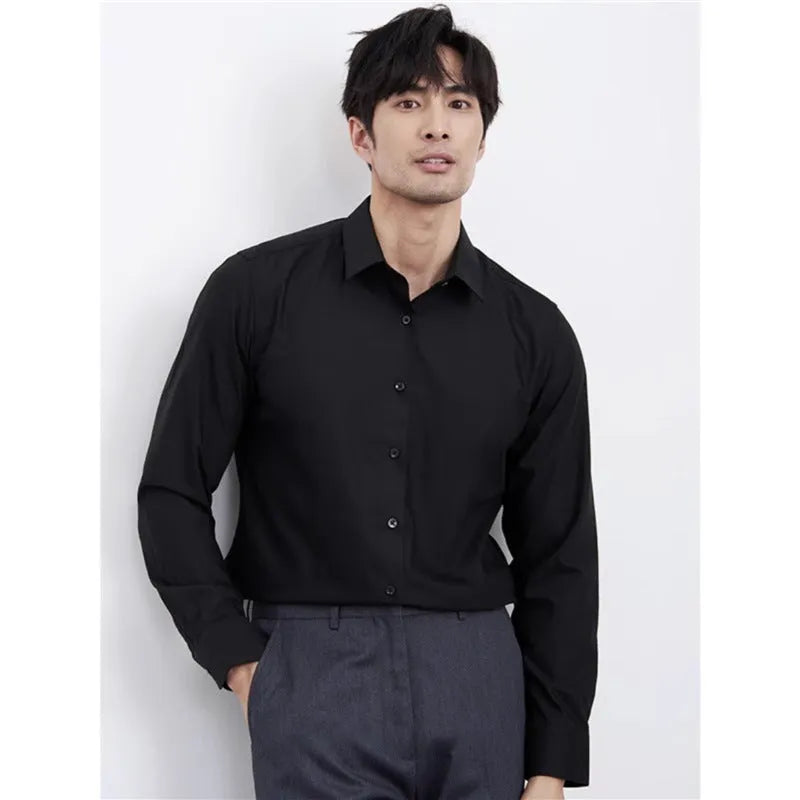 Men's wine red slim fit long sleeve business shirt with non-iron fabric on a hanger