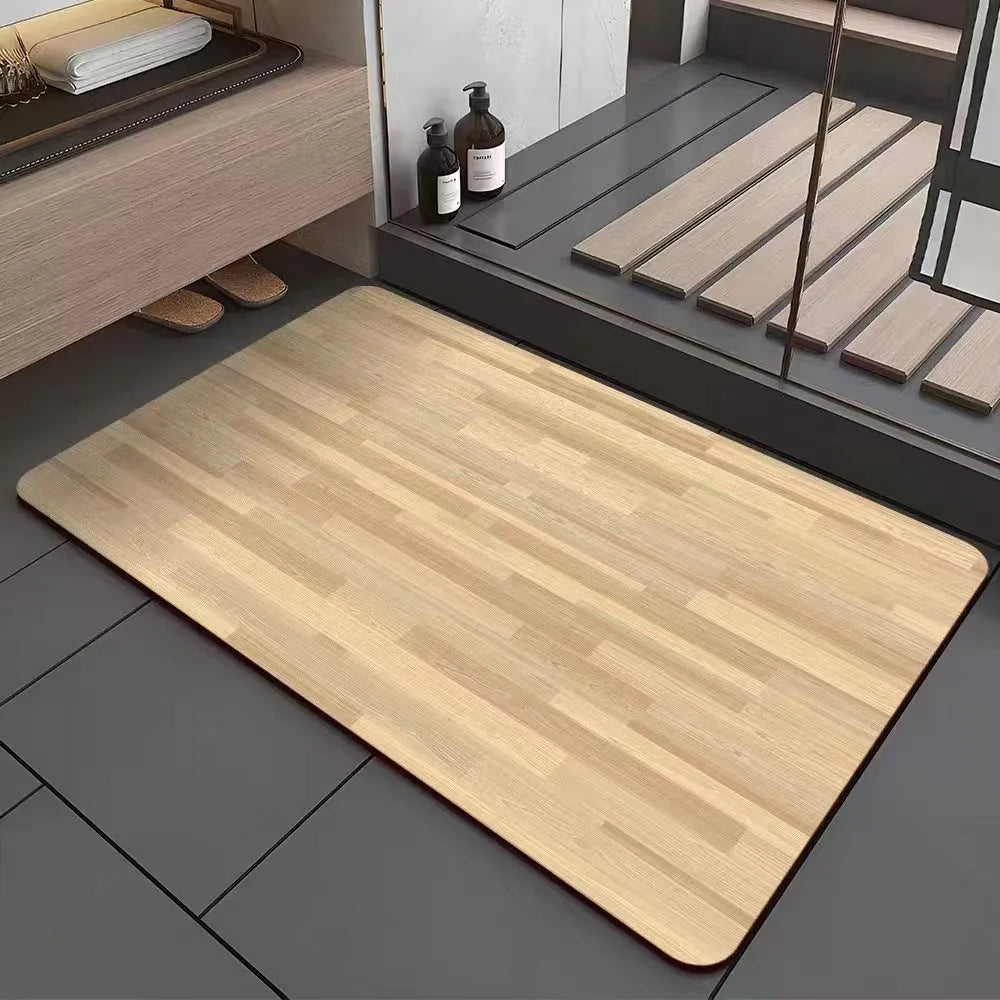 Square diatomite bathroom floor mat with wood grain pattern on bathroom tiles