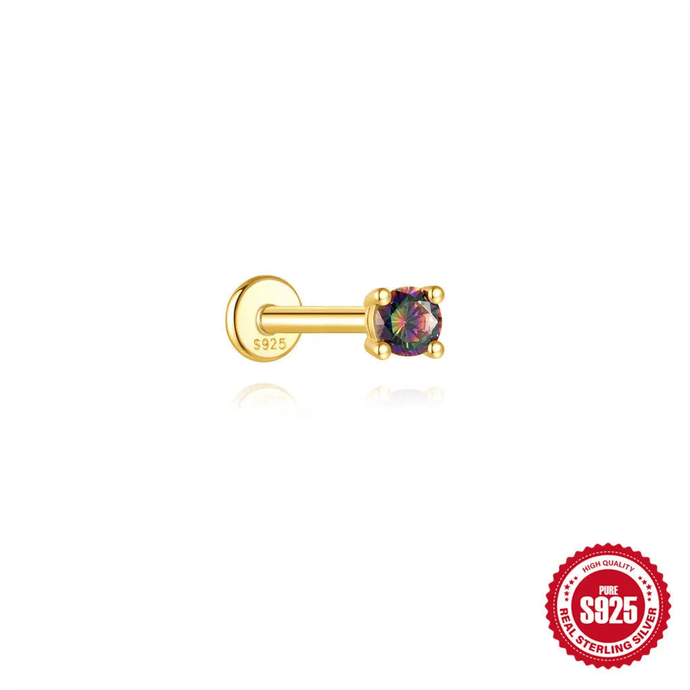 S925 sterling silver flat head thread ear stud with super shiny rainbow stone finish in a gold colour.