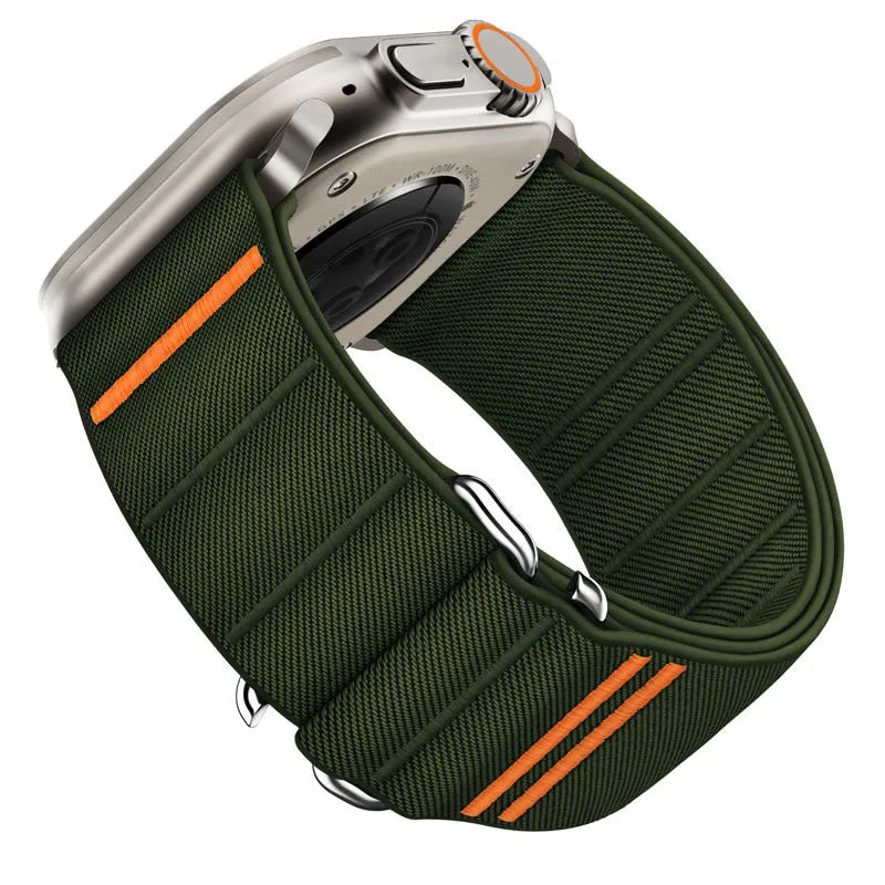 Elastic nylon Apple Watch compatible band with stainless steel buckle shown in multiple colour options