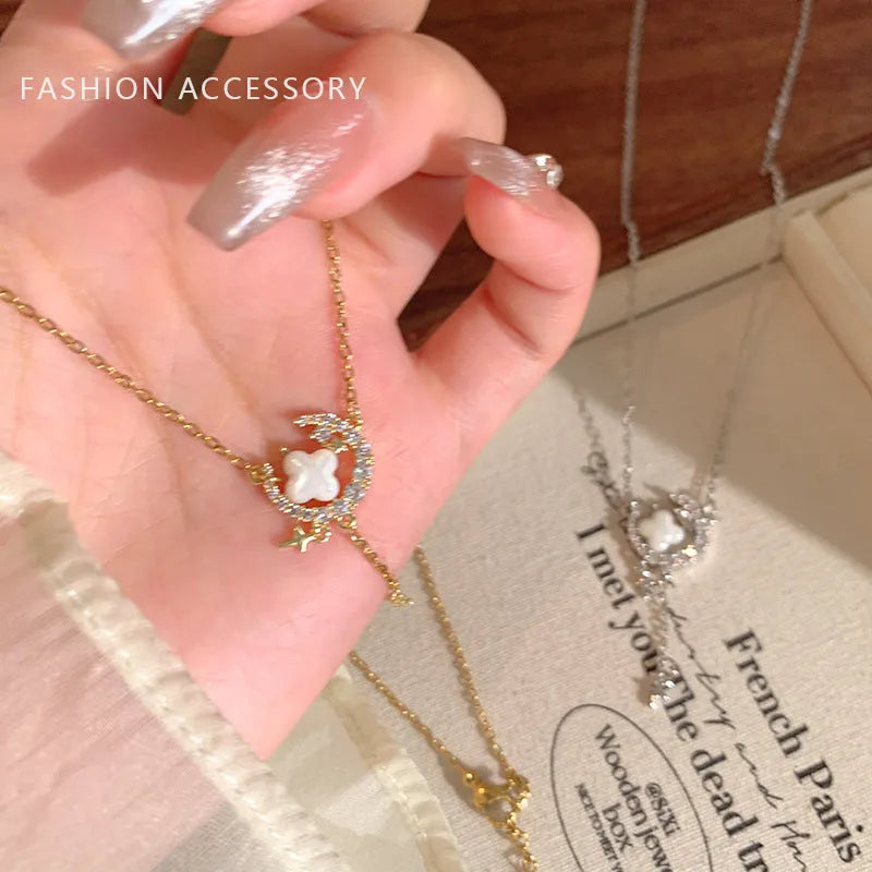Gold and silver star moon zirconium necklace with adjustable clavicle chain for women