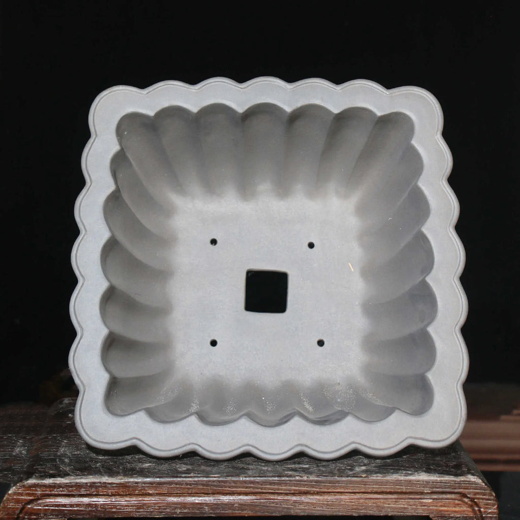Square purple sand ceramic bonsai pot for desktop use, showing classical style.