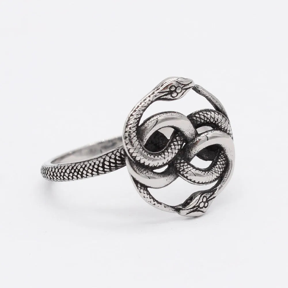 Titanium steel double snake ring in retro design with coiled serpent motif