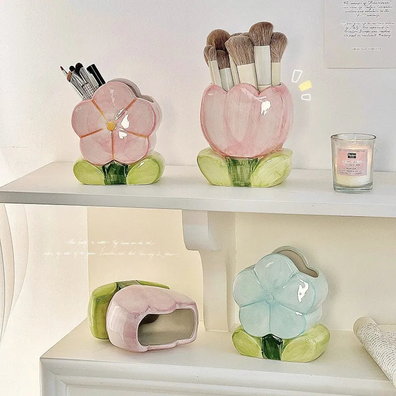 Ceramic desktop pen holder with floral pattern storage box for desk organisation