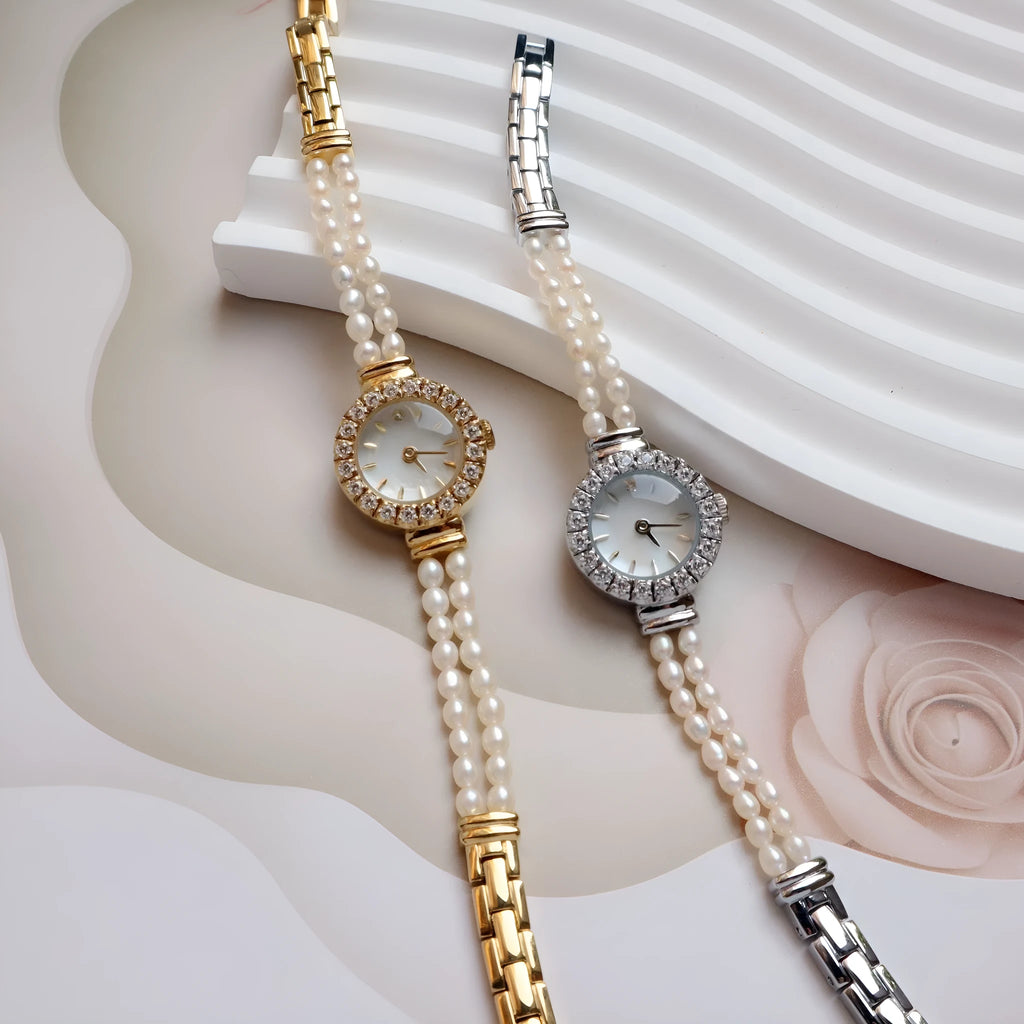 Women's light gold bracelet watch with freshwater pearls, round 18mm dial, stainless steel strap