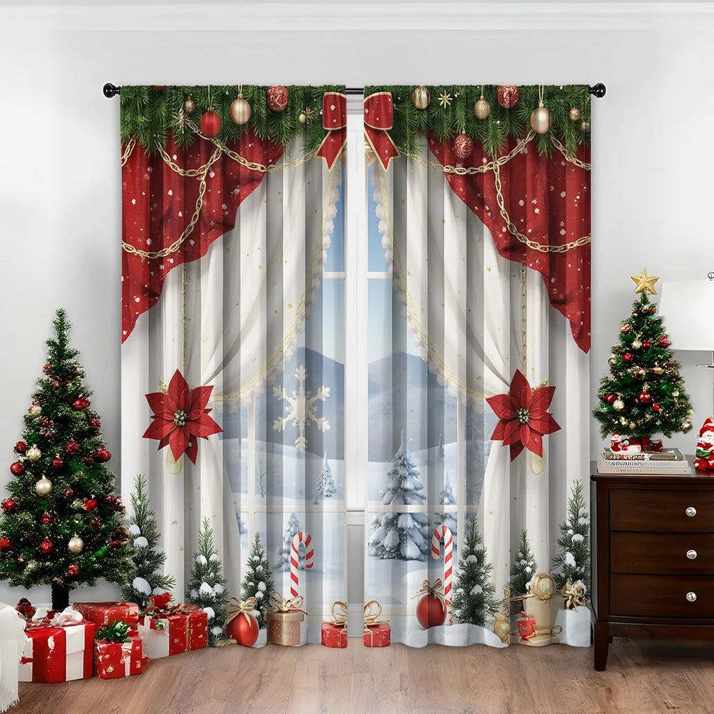 Pair of 3D digitally printed Christmas pattern blackout curtains hanging on a window.