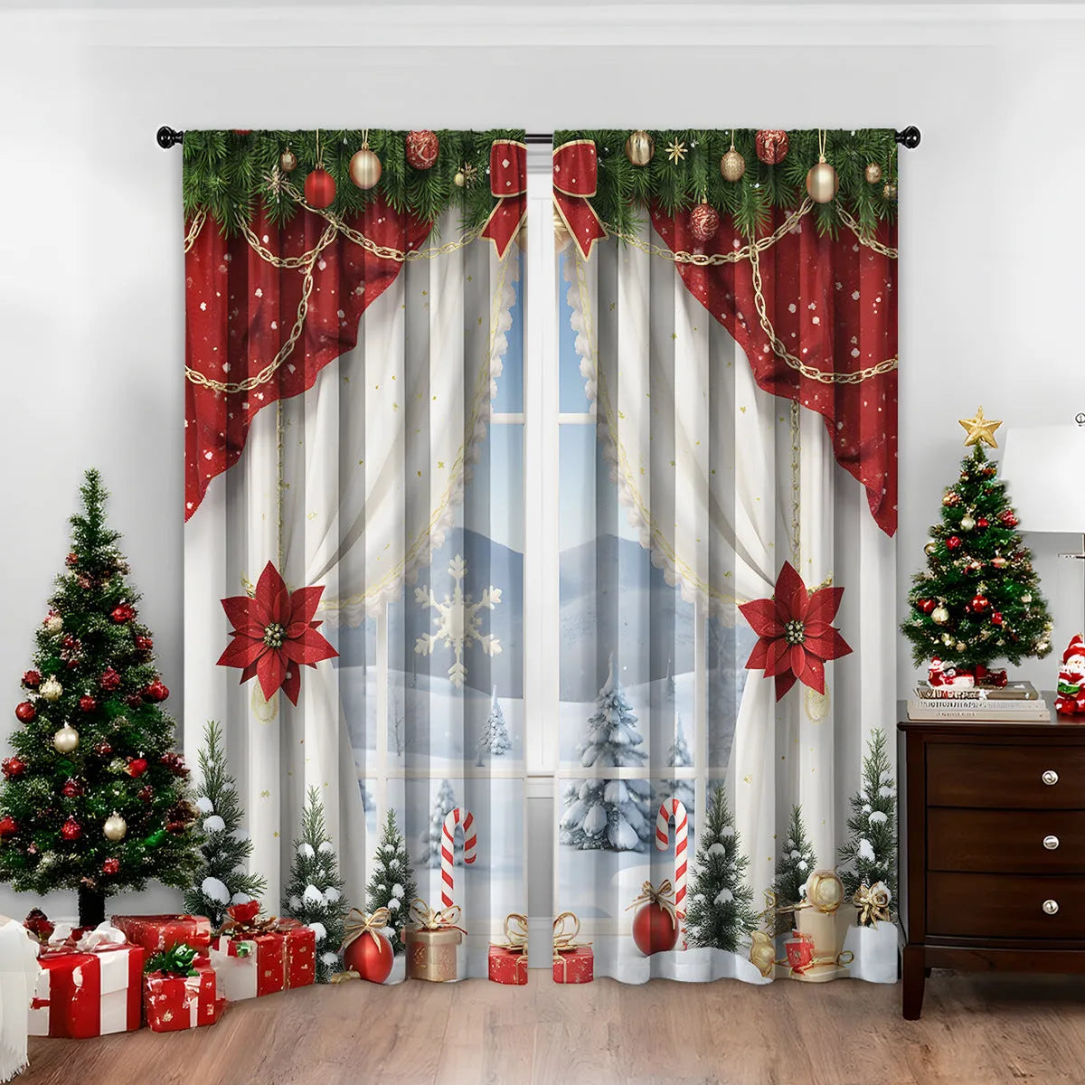 Pair of 3D digitally printed Christmas pattern blackout curtains hanging on a window.