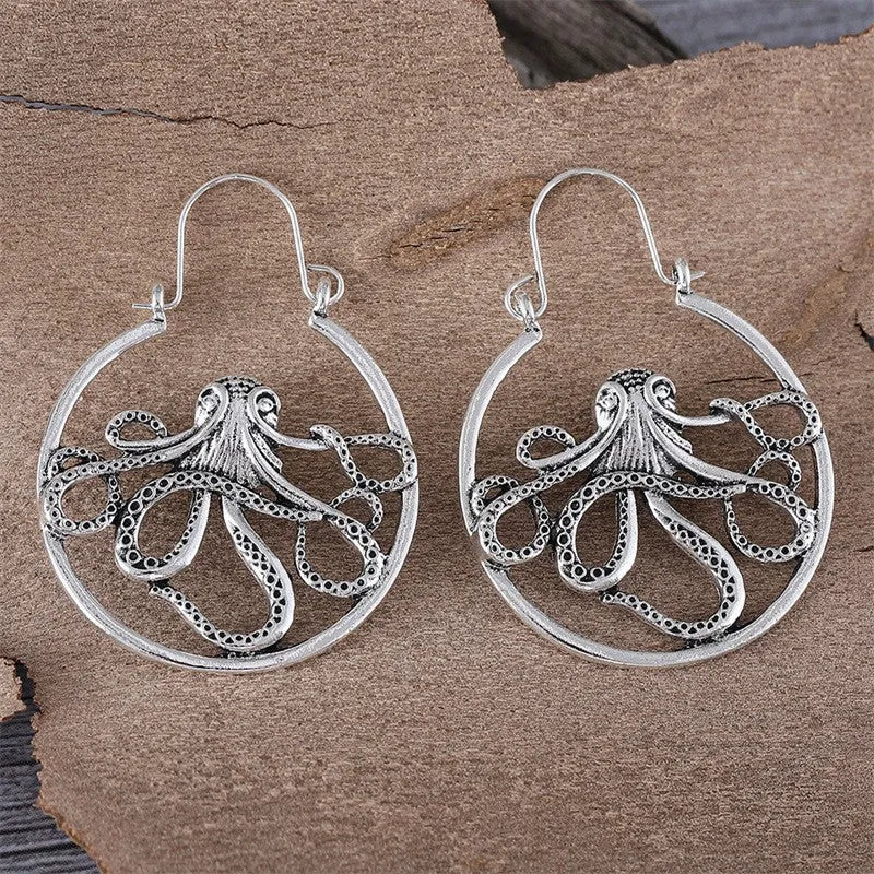 Octopus design earrings in antique silver finish with retro styling and zinc alloy construction
