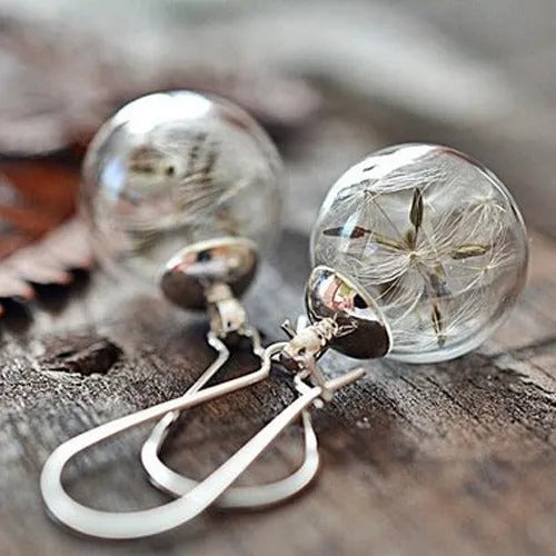 Transparent glass ball earrings with dandelion seed design on silver French hook