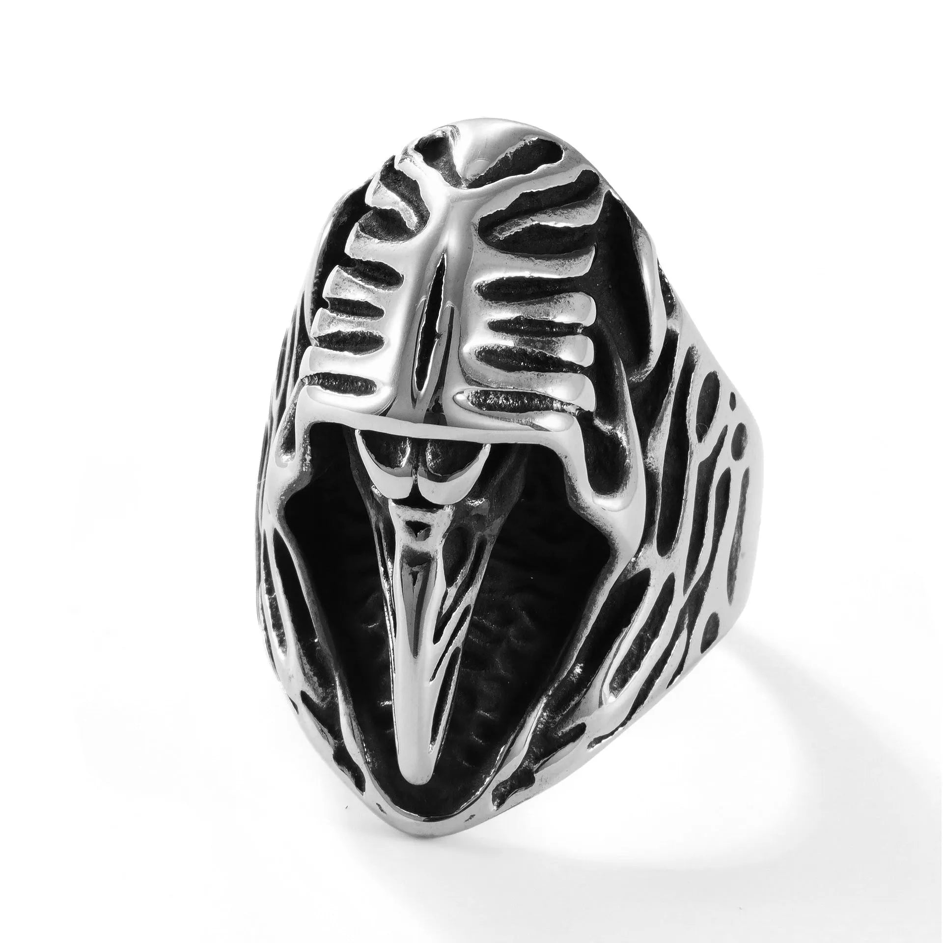 Geometric crow design punk ring in titanium steel, MR166 colour, showing retro animal motif
