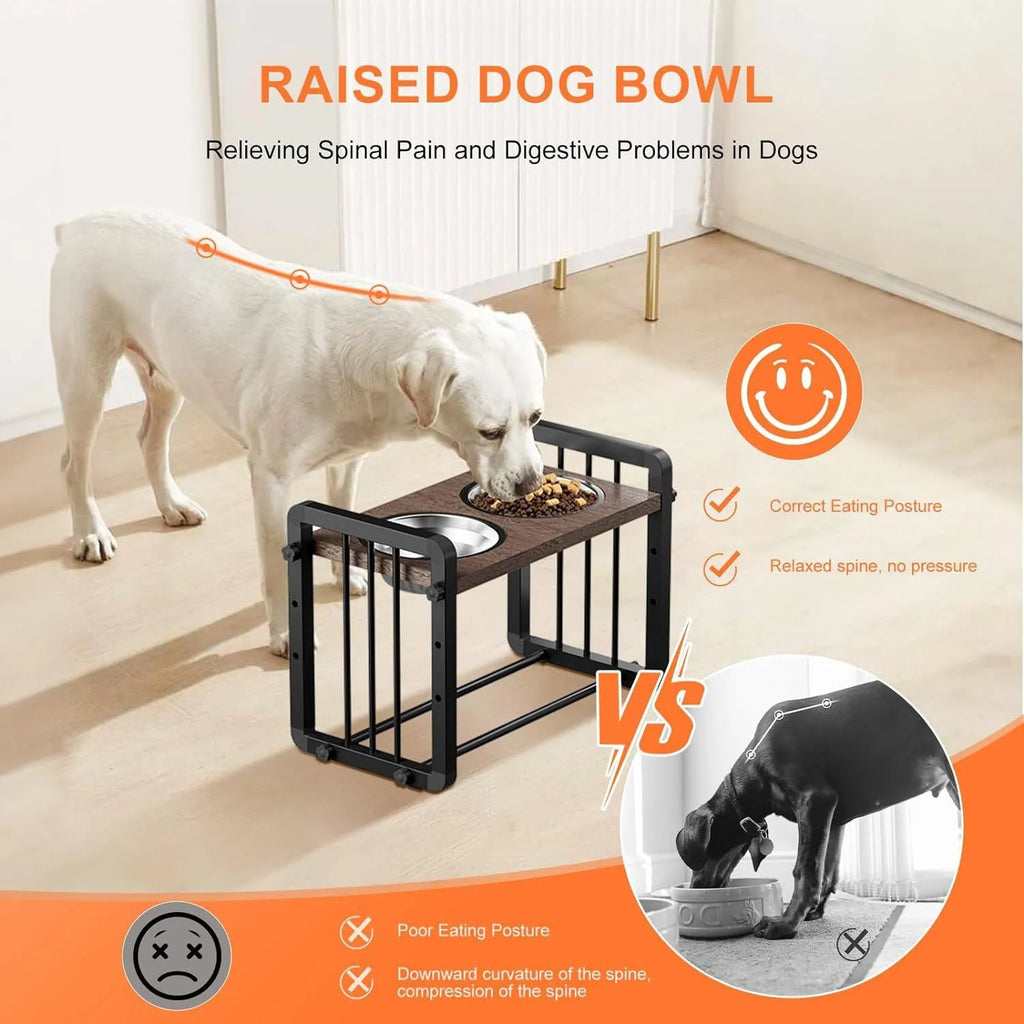 Black wooden dog bowl stand measuring 37 by 23 centimetres with non-slip base