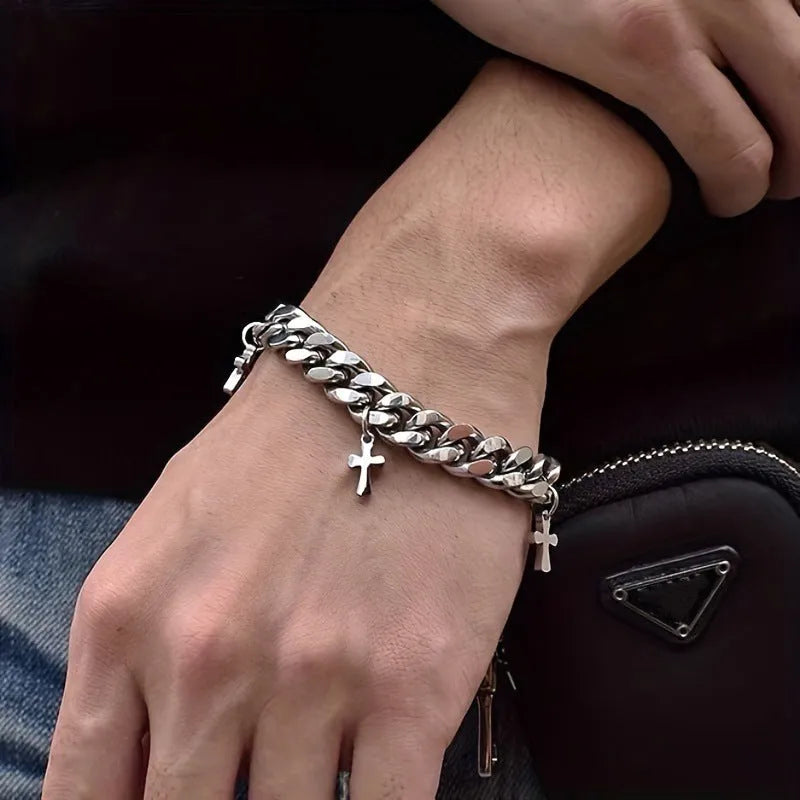 Men's titanium steel bracelet with cross design geometric shape cold wind style