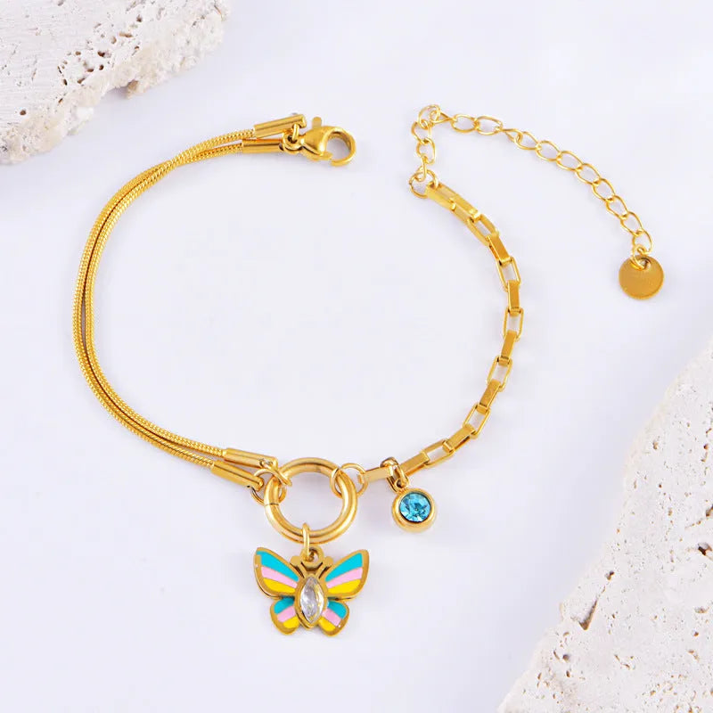 Gold colour epoxy butterfly necklace and bracelet set with animal zodiac design on titanium steel snake bones chain