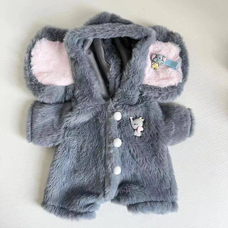 Grey elephant print plush jumpsuit suit for a 30cm Lina bear doll.