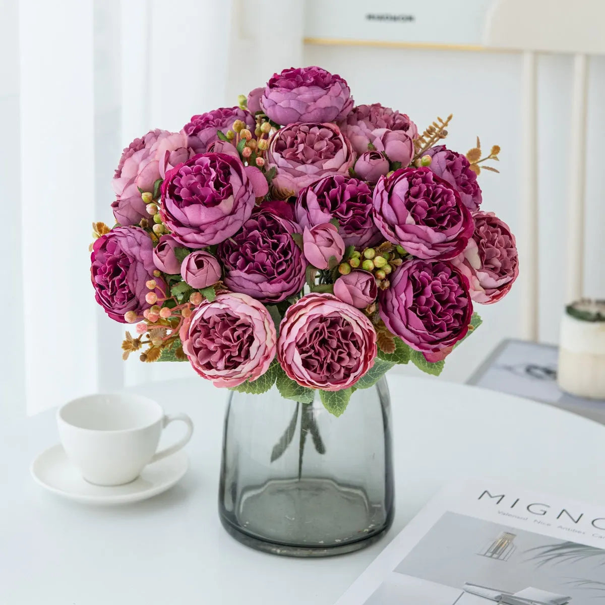 Artificial silk peony bouquet in champagne colour for home and wedding decoration.