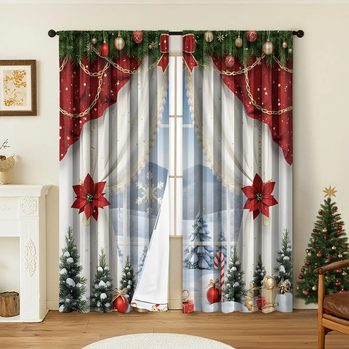 Pair of 3D digitally printed Christmas pattern blackout curtains hanging on a window.