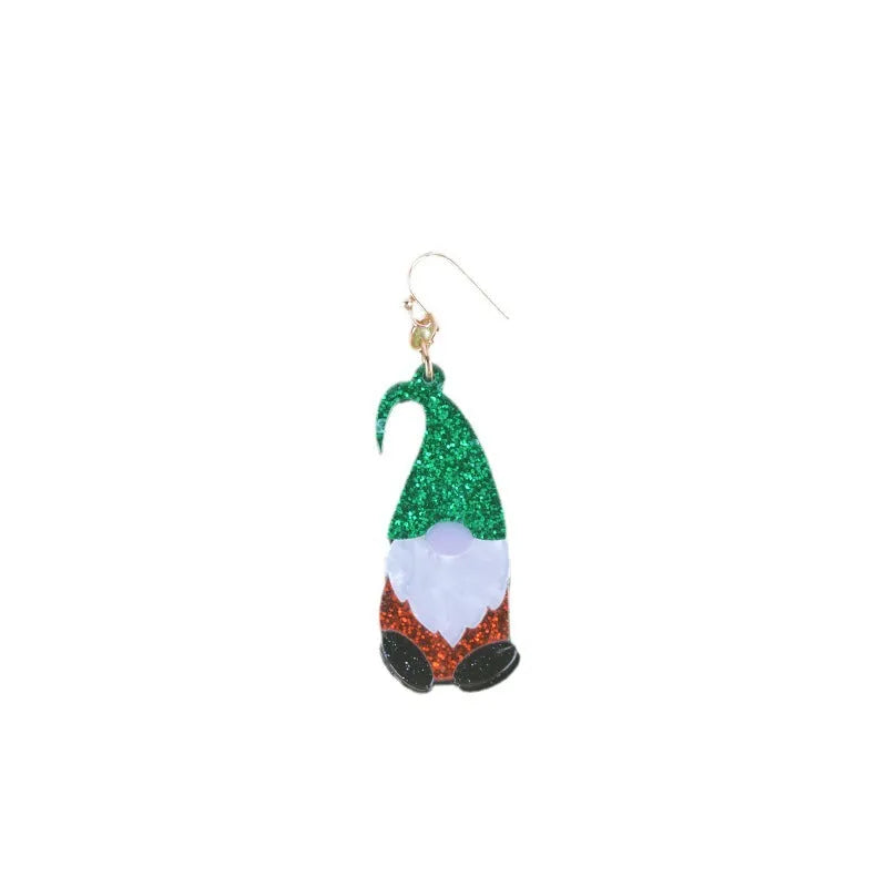 Santa Claus cartoon character acrylic fashion earrings showing red, green, and red/green hat colour options